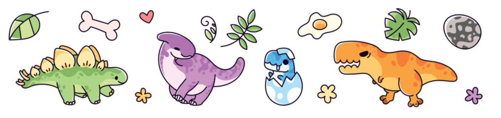 Cute kawaii baby dinosaur stickers - adorable dino hatching from egg, charming tyrannosaurus rex, lovable stegosaurus, playful parasaurolophus. Colorful Jurassic cartoon characters for kids design. © klyaksun