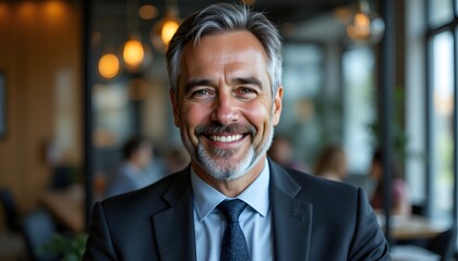 Fototapeta premium A middle aged businessman, radiating competence and approachability, is captured in a high resolution portrait. His smile is genuine, crinkling the corners of his eyes, suggesting years of experience