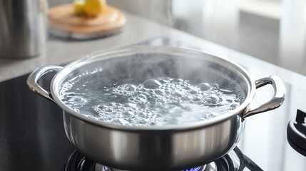 A pot of water is boiling vigorously on a stovetop.