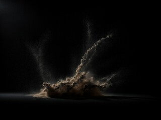 Fein verteilte Sandwolke in aufstrebender Form mit subtiler Lichtinszenierung vor tiefschwarzem Hintergrund