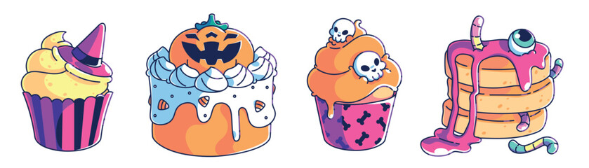 Kawaii Halloween dessert stickers - cute jack-o-lantern pumpkin cake, cupcake with whipped cream and witch hat , funny skull muffin sprinkles, pancakes with worm and eye jelly. spooky holiday treats.