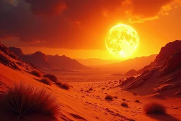 Fototapeten Intense heat radiating from a sun-baked desert landscape , dunes, glow, inferno © Phetsala