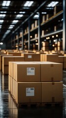 Interior of a large warehouse filled with neatly stacked cardboard boxes awaiting shipment