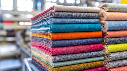 Fabric samples: stacked colorful textiles in factory 