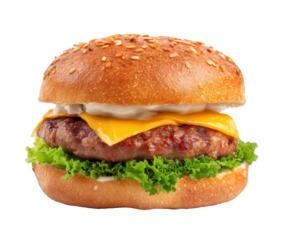 Juicy cheeseburger with fresh lettuce and sesame bun for food lovers