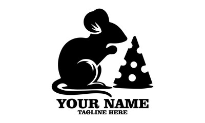 illustration vector black silhouette of a mouse and a piece of cheese, simple logo of mouse silhouette eating cheese and mouse and a piece of cheese vector logo design