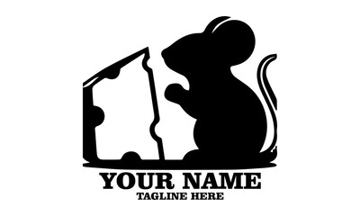 illustration vector black silhouette of a mouse and a piece of cheese, simple logo of mouse silhouette eating cheese and mouse and a piece of cheese vector logo design