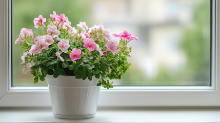 Obraz premium A vibrant pot of flowers sits on a bright white windowsill.