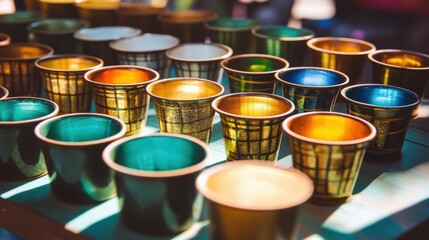 Colorful Ceramic Cups Rustic Market Display Gold Teal Orange mug set art row blue home life brown