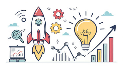 Flat Design Illustration of Marketing Strategy, Teamwork, and Business Growth with Charts and Light Bulb