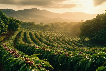 Fototapeta premium Explore lush coffee plantations during sunrise in a scenic mountainous region