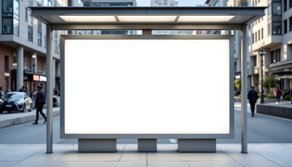 A pristine, rectangular light box, awaiting custom graphics, is seamlessly integrated into the structure of a public transit shelter