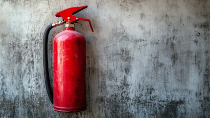 Obraz premium A bright red fire extinguisher is prominently displayed against a gray concrete wall.