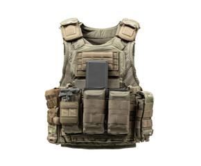 Tactical vest for military use with modular attachments and smartphone on a transparent background, cut out