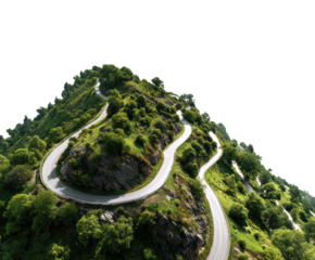 Scenic mountain road winding through lush greenery for travel on a transparent background, cut out