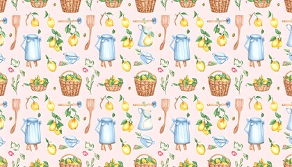 Fototapeta premium Yellow lemons with blue ribbon and stripes, watercolor pattern, vintage summer kitchen style