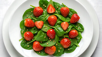 Strawberry salad Fresh strawberry salad with green spinach leaves and mustard seeds served on white plate