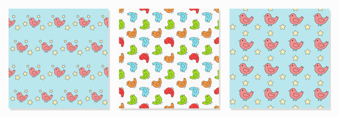 Set of three seamless patterns. Recolorable endless patterns with birds for printing