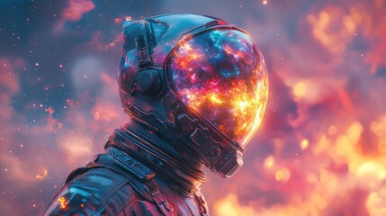 Colorful cosmic astronaut helmet in space.
