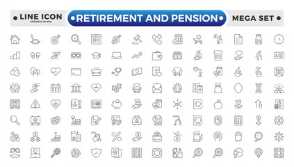 Retirement and pension outline icon set. Employee benefit stroke icons set. Related to teamwork, insurance, Bonus, pension, and Security. Editable stroke outline icon.