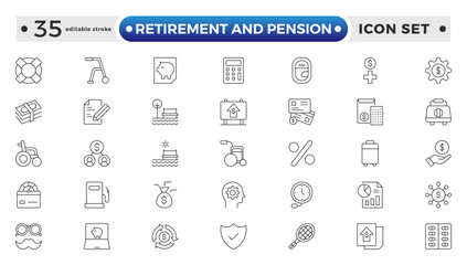 Retirement and pension outline icon set. Employee benefit stroke icons set. Related to teamwork, insurance, Bonus, pension, and Security. Editable stroke outline icon.