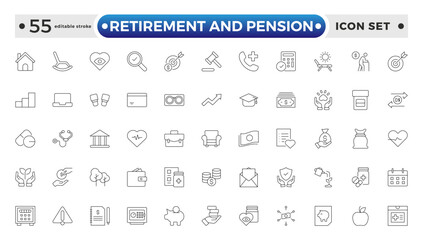 Retirement and pension outline icon set. Employee benefit stroke icons set. Related to teamwork, insurance, Bonus, pension, and Security. Editable stroke outline icon.