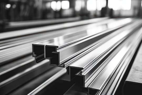 Steel profiles displayed in a factory showcasing metal work for industrial applications