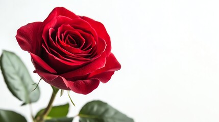 Fototapeta premium A single, vibrant red rose rests elegantly on a stark white background.