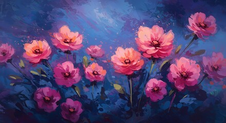 Painting of Pink Flowers on Blue Background Art