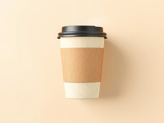 Modern Coffee Cup Mockup: Takeaway Paper Cup with Lid and Sleeve on Beige Background