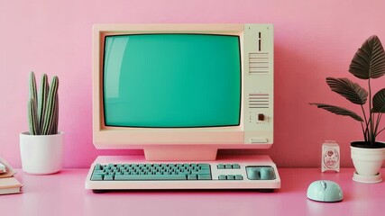 Retro computer setup with plants on a pink desk, featuring an old monitor, keyboard and mouse, stylish nostalgic aesthetic.