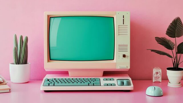 Retro computer setup with plants on a pink desk, featuring an old monitor, keyboard and mouse, stylish nostalgic aesthetic.