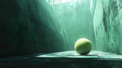 A tennis ball positioned in a shadowy, stone corridor.