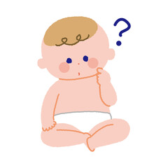 クエスチョンマークとお座りしている赤ちゃん全身