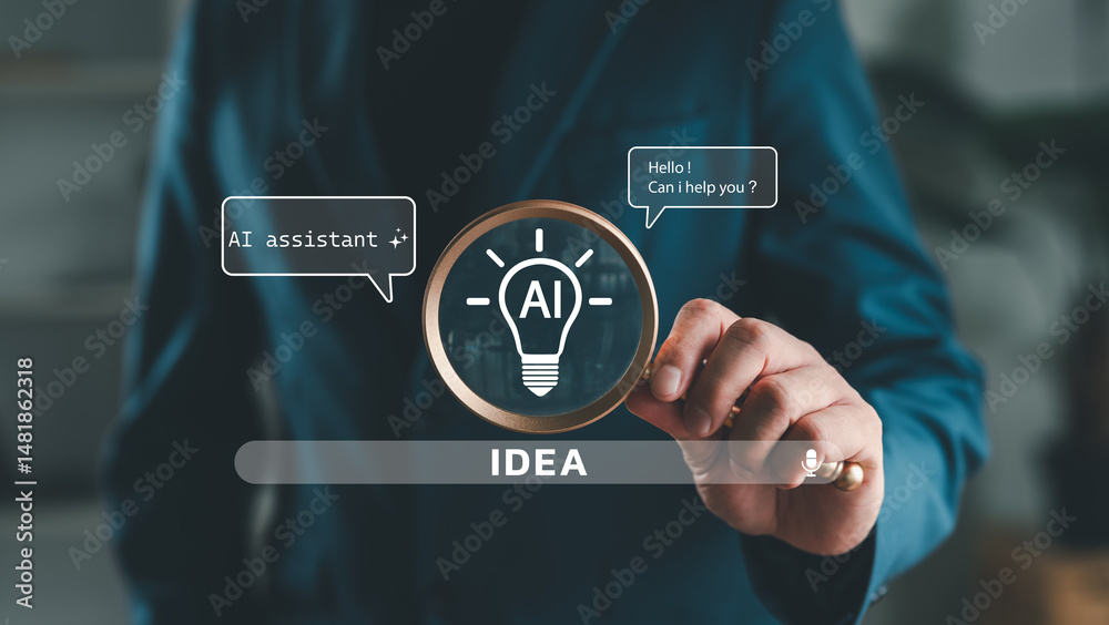 Poster businessman holding ai assistant icon, representing smart technology, virtual help, artificial intel
