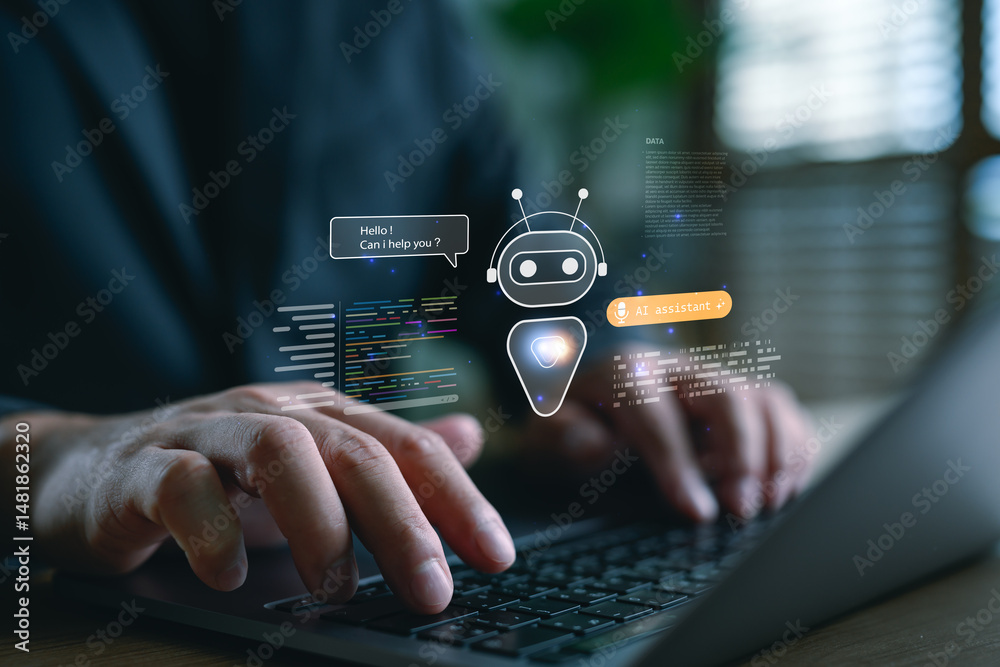 Poster Close-up of hands typing on laptop with virtual AI assistant, chatbot, and code interface, representing artificial intelligence, automation, and smart digital support system.