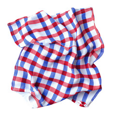 Crumpled red, white, and blue checkered tablecloth on a transparent background Concept of picnic, summer, and celebration