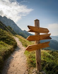 Wooden signs pointing in various directions on a mountain path, symbolizing adventure travel and life's journey