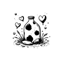 Whimsical monochrome illustration of a spotted bottle surrounded by hearts