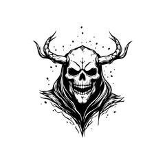 Monochrome horned skull illustration with a sinister grimace aesthetic