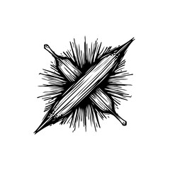 Stylized botanical emblem featuring crossed pods with radiating spiky texture