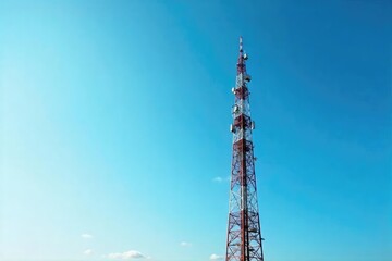 Obraz premium Tall broadcasting tower against a clear blue sky, antennas reaching towards the heavens , bright, transmission tower, metal
