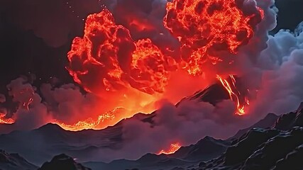 dramatic volcanic eruption molten lava flowing down sides of towering volcano. sky filled swirling fiery clouds glowing embers dot landscape below. scene illuminated intense heat light of... - Powered by Adobe