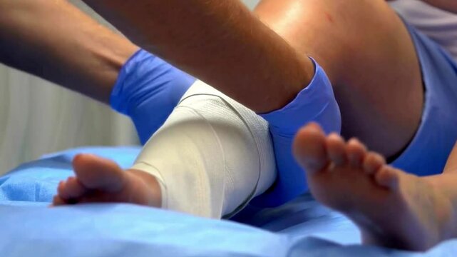 a patient whose leg is bandaged by a nurse in a hospital bed