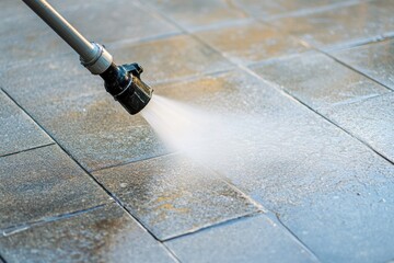 Deep cleaning patio tiles with pressure washing in sunny outdoor setting
