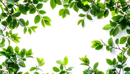 Obraz premium Tree branches with green leaves forming a frame around empty space, isolated on white background, botanical realistic