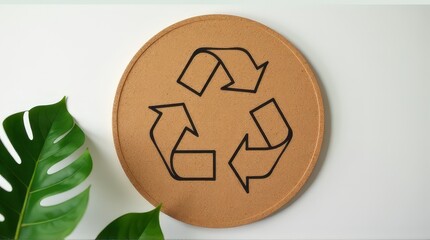 Cork board with recycling symbol and green leaf accents on white background. Ecology Logo . Symbol of nature conservation. Recyclable