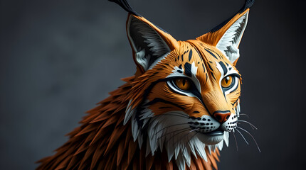 Obraz premium Sculpted Lynx Portrait with Autumn Warmth – Textured Papier-Mâché Look and Harsh Shadows (Generative AI)