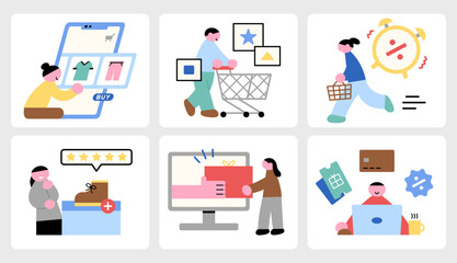 Illustration set of E-commerce concept people. Online shopping clipart collection. Cartoon style flat vector images. 