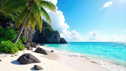Volcanic rock meets white sand, palm trees sway, vegetation, scenic